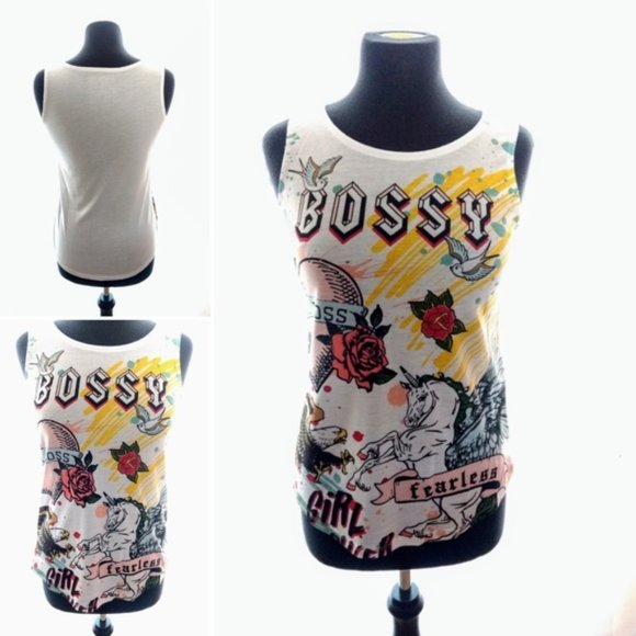 Freeze Tops - Tank Top Shirt Bossy Girl Power Fearless Unicorn Roses White Ed Hardy Look New